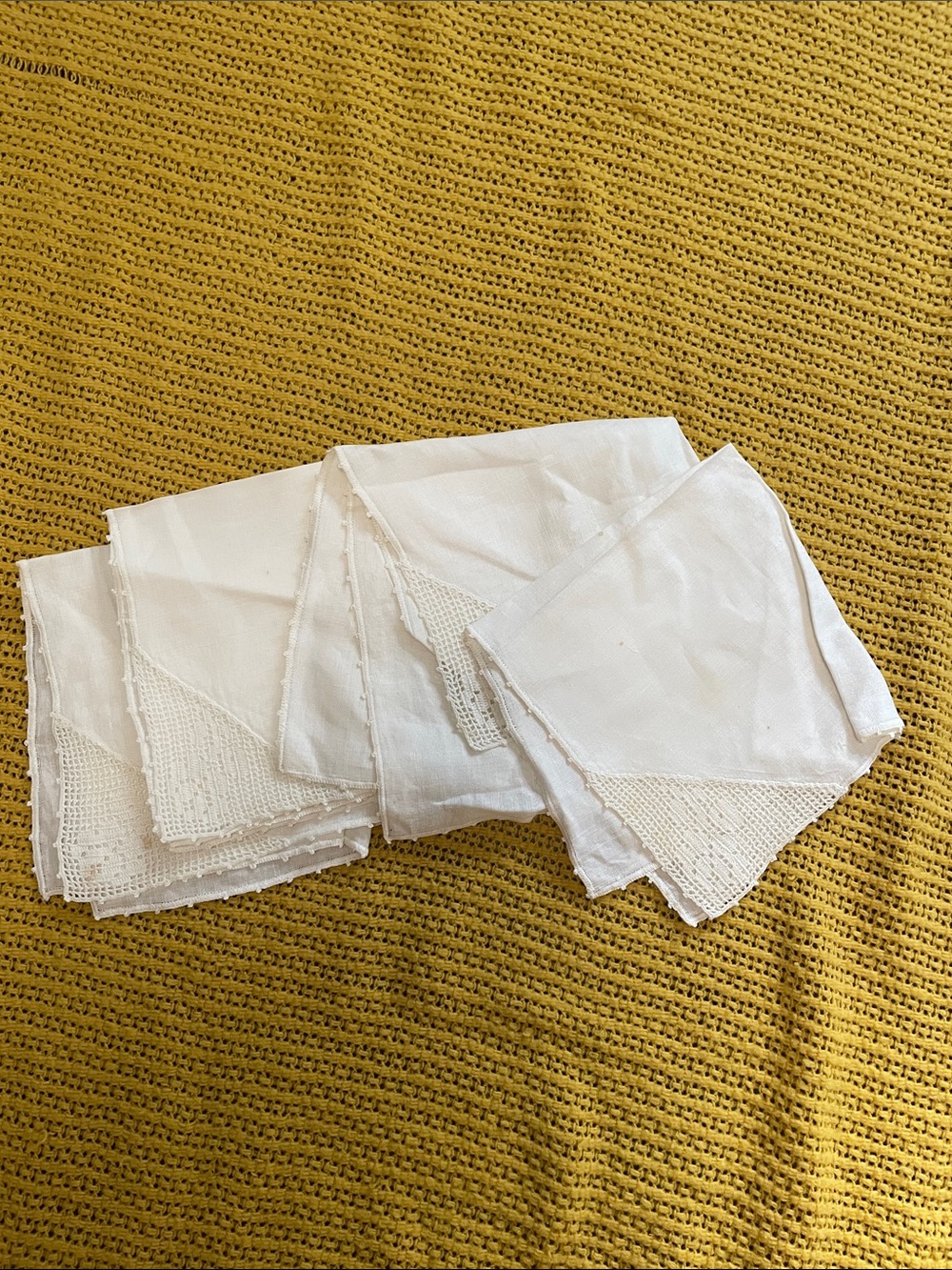5 Vintage White Linen/Cotton Handkerchiefs or Napkins with Crochet Insets